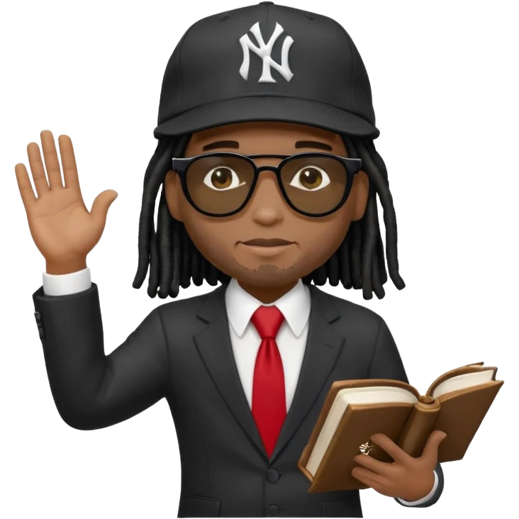 African American man with shoulder length black dreadlocks wearing black sunglasses wearing a New York Yankees logo baseball cap wearing a black suit with white shirt and red tie with a Bible in right hand with left hand raise out emoji