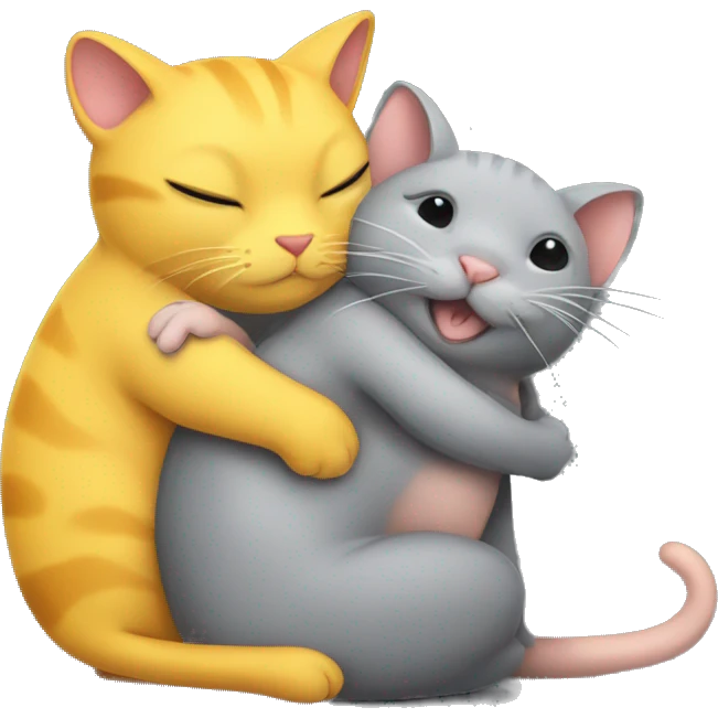 A yellow cat hugging a gray rat emoji