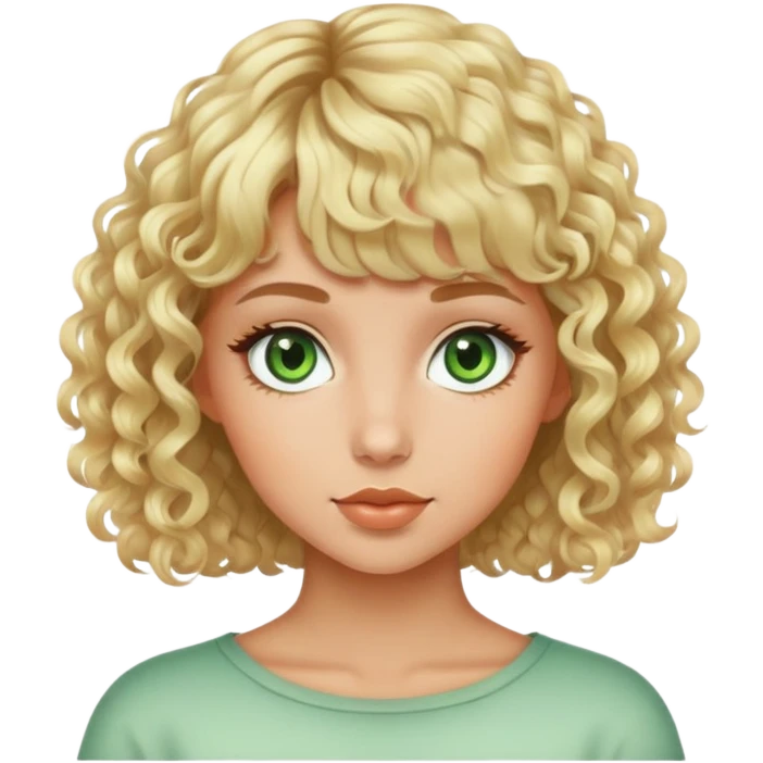 Beautiful girl, blonde hair, curly hair, short hair, with bangs, tan skin, green eyes emoji