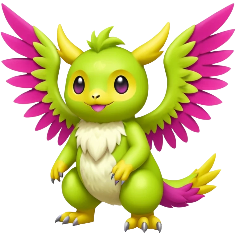 Lime-green and Yellow and Magenta furry cute kawaii winged Fakémon-Pokémon-Scalie-Digimon-creature (full body) emoji
