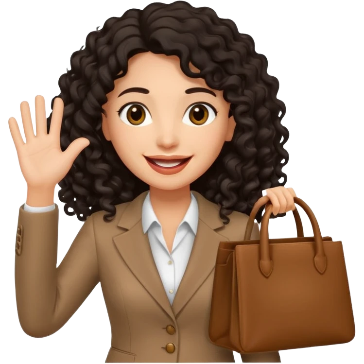 medium deep tan brown business woman with long black curly hair, waving hand with happy face with smile mouth and carrying bag on her shoulder emoji