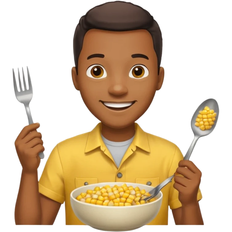 HAPPY BLACK MAN WITH YELLOW OPEN BUTTON-DOWN SHIRT, HOLDING AN FORK AND A COOK CORN BOWL emoji