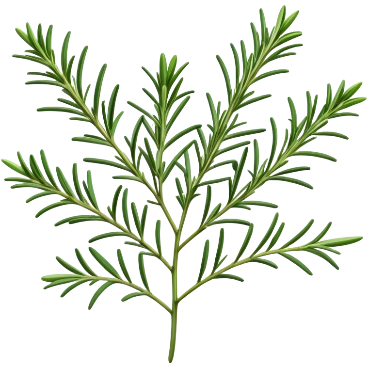 Cinematic Realistic Rosemary Emoji, Fragrant and fresh, with slender green stems covered in needle-like leaves, which release a distinctive herbal scent. The plant seems to exude energy, with soft sprigs of leaves stretching upwards. Soft glowing outline, capturing the essence of earthy healing and aromatic delight in a sprig of rosemary! emoji