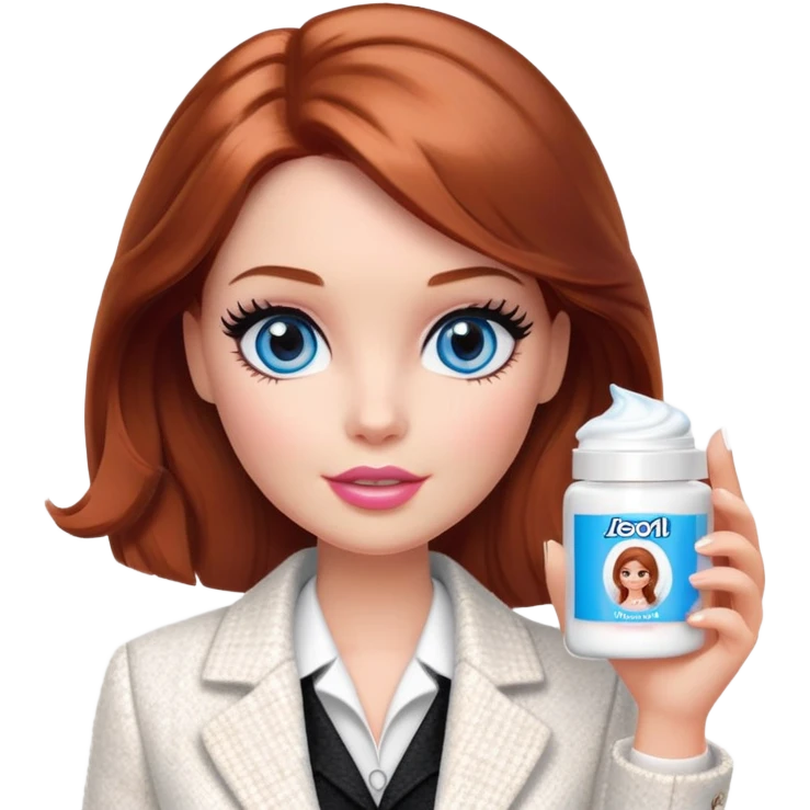 A Barbie girl with blue eyes, shoulder-length reddish-brown hair with makeup, wearing a white tweed jacket and a black skirt, holds a face cream in her hand emoji