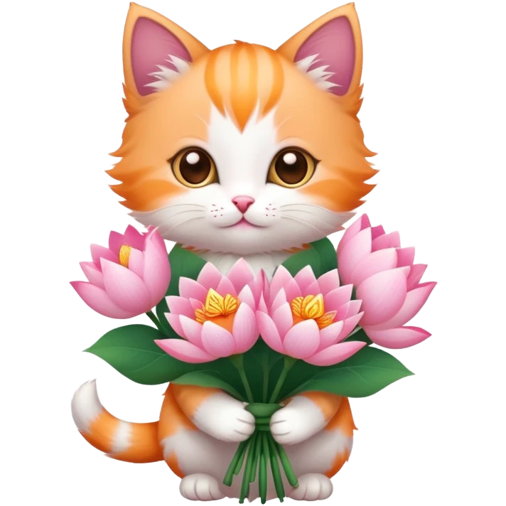Kitten holding a bouquet of lotus flowers emoji