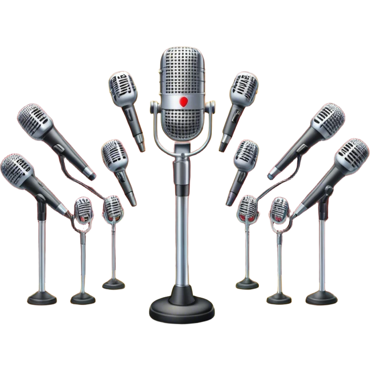 Create a vibrant and dynamic emoji that represents choral vocal performance. The design should feature 10 vintage stage microphones arranged in a semi-circle on a concert stage, symbolizing a vocal group or choir. Add musical notes flowing around the microphones to represent harmony and unity in the performance. Include concert lighting and a celebratory atmosphere to convey the excitement of live music. Use bright, bold colors like red, gold, and silver to emphasize the energy and glamour of the stage. The background should be transparent. emoji