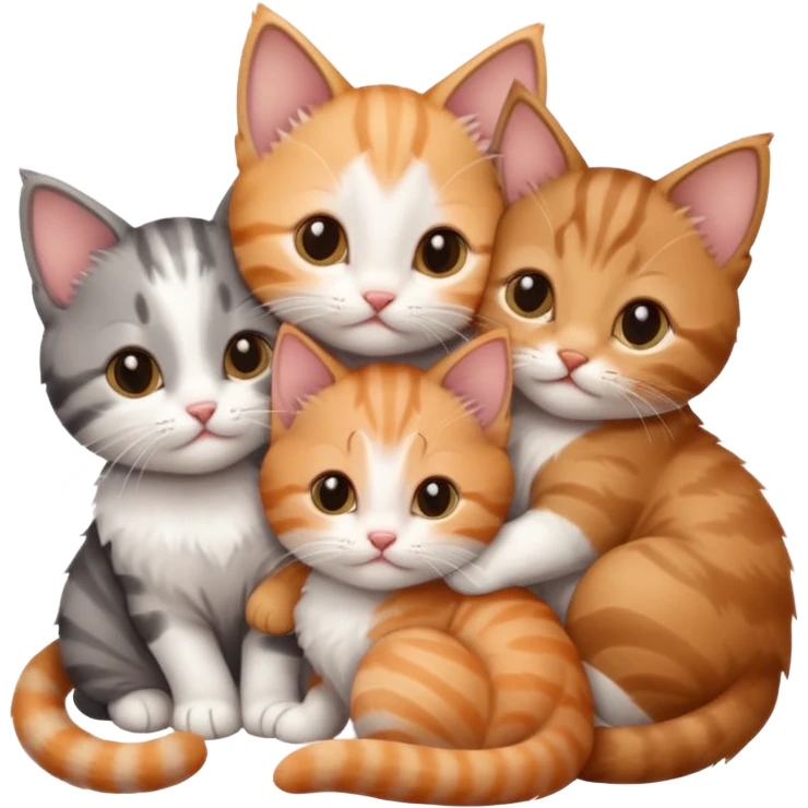6 tiny kittens cuddling together all different colours, the first one is grey and white, the second is ginger and white and the third is brown tabby and white emoji