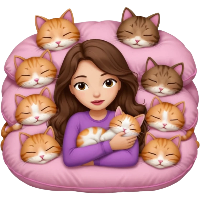 girl with long wavy brown hair, brown eyes, long lashes makeup, sexy pink lips, light to medium complexion, sleeping on a cozy pillow, with 6 cute cats, sleeping emoji