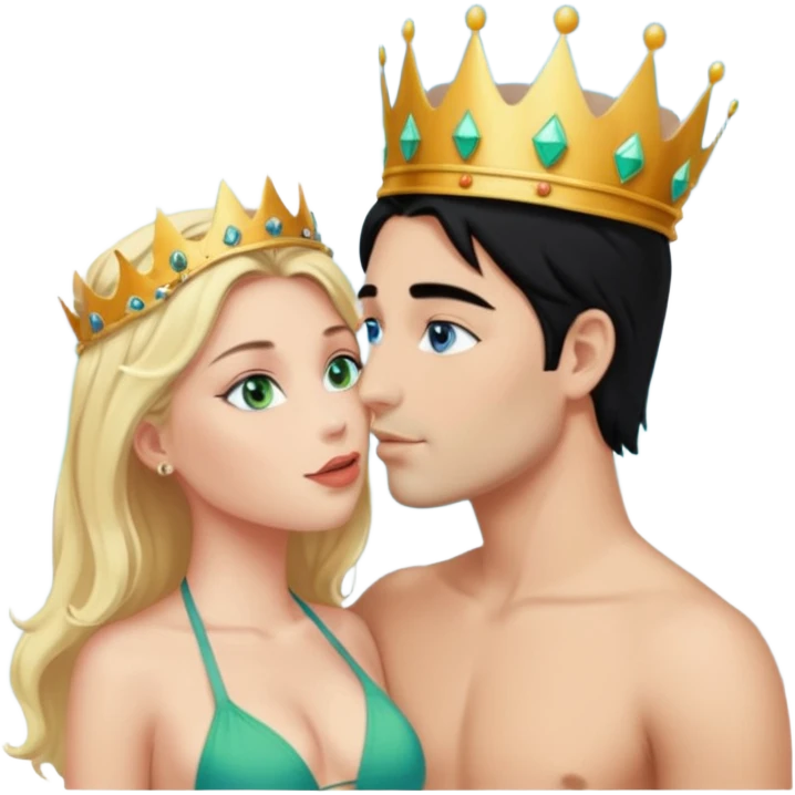 Blonde Queen with crownGreen eyes in Bikini kissing Male subject without crown black hair blue eyes Background clouds emoji