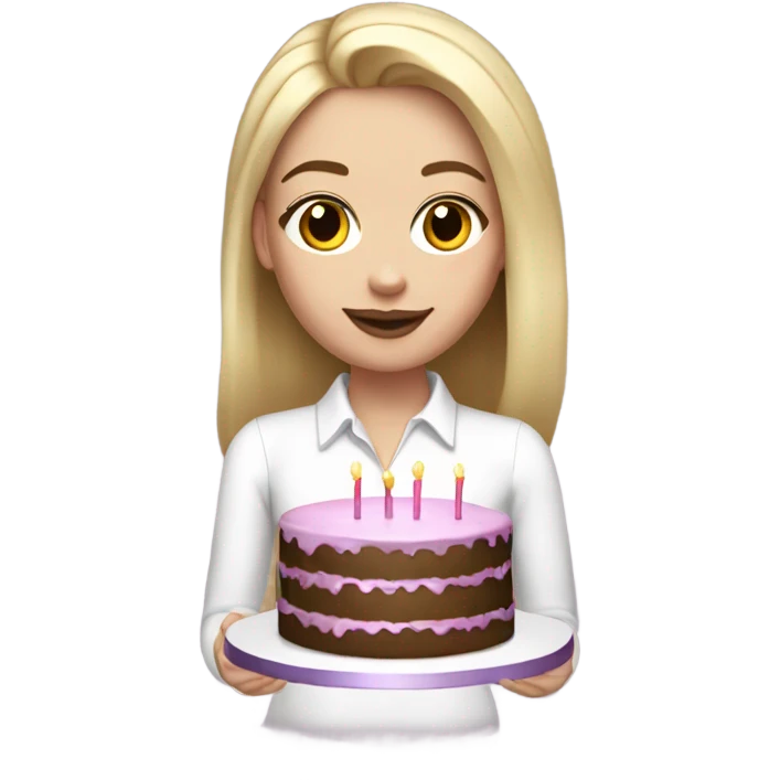 White girl with blonde straight hair, mauve lips, white shirt, birthday cake in hands emoji
