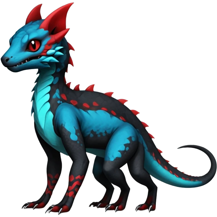 Rare realistic exotic edgy dark gothic gloomy spooky black and red/blue/cyan epic pretty beautiful handsome gorgeous aesthetic colorful vibrant Vernid-Trico-species-Fakemon-Salandit-hybrid-creature by LiLaiRa, 4 legs, 1 tail, random markings, (full body) emoji