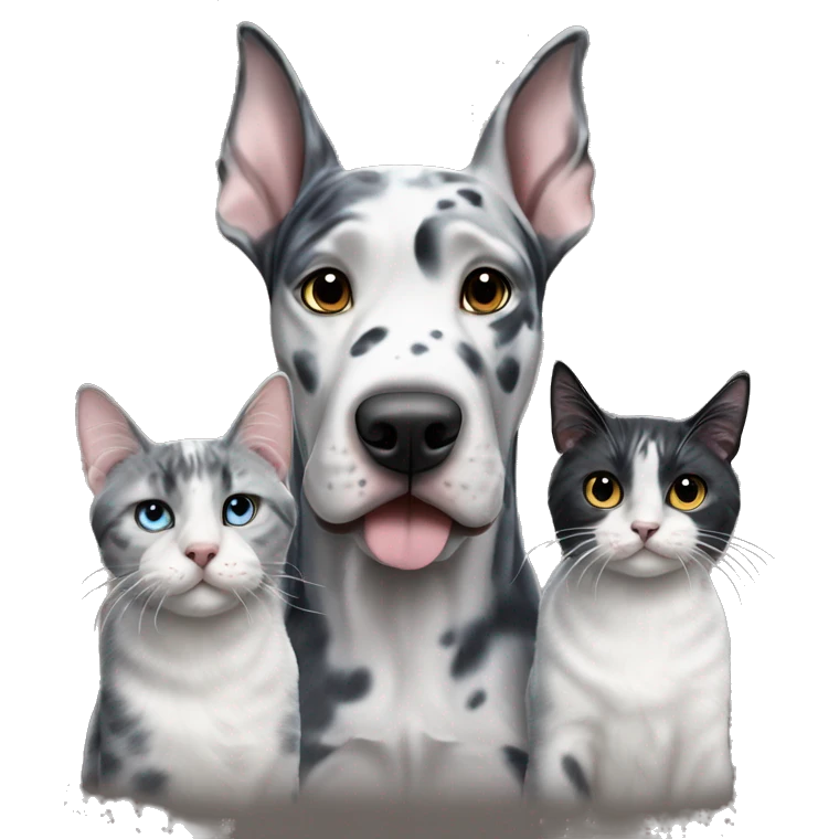 Blue Merle Great Dane with two tabby cats and one black cat emoji