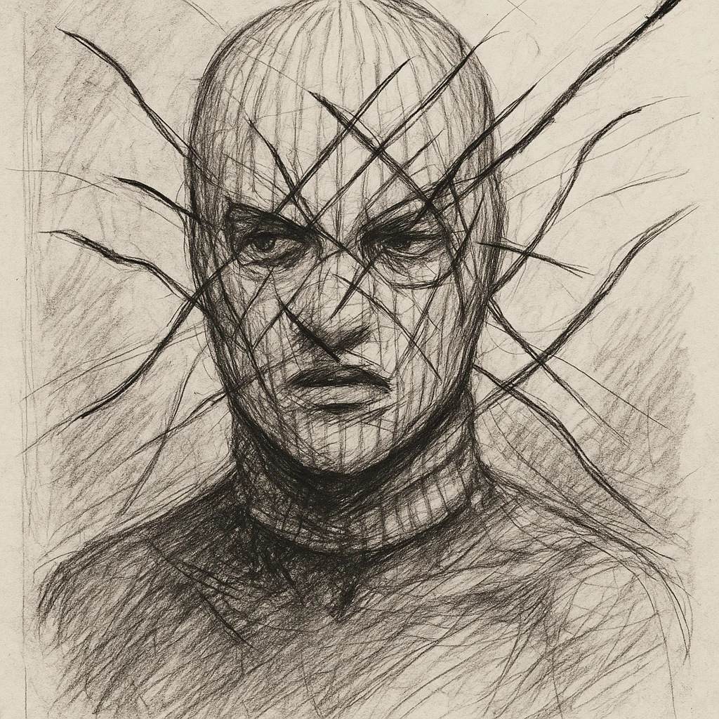 The mask is a full-head, white knitted balaclava with a tight ribbed texture. It features two asymmetrical eye openings and a partially exposed mouth area. Black thread is stitched across the surface in chaotic, abstract lines that trace facial features, giving a hand-drawn effect. Several black cords extend outward from the mask, varying in length and direction, adding a sculptural, almost organic appearance. The overall look is bold, handcrafted, and visually striking. emoji