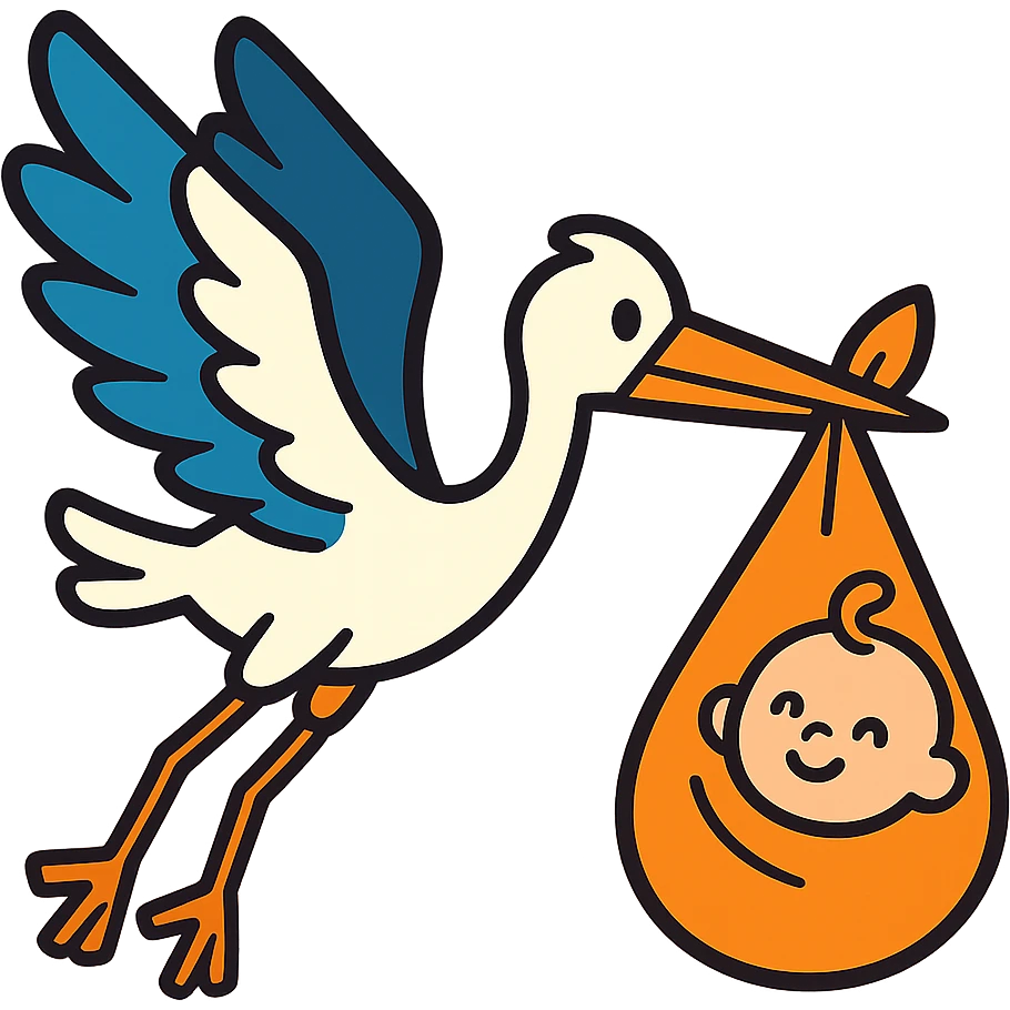 stork flying with a human baby in a bundle, vibrant toon style emoji