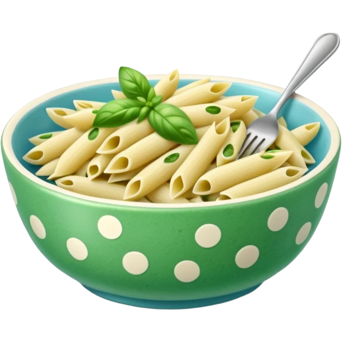 green pesto penne pasta in a light blue polka dot bowl emoji