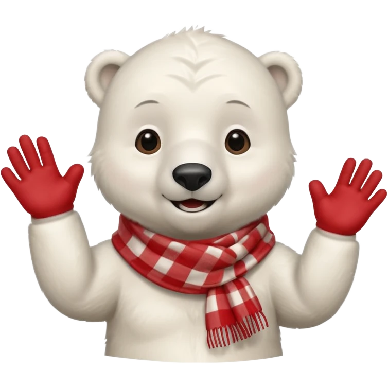 baby Polar Bear, smiling, hi five, wearing red Checkered Triangle scarf emoji
