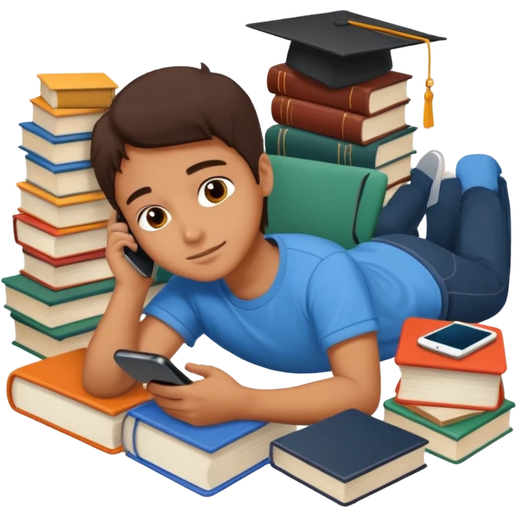 emoji student lying with phone instead of studying, lazy, books, white background, emoji
