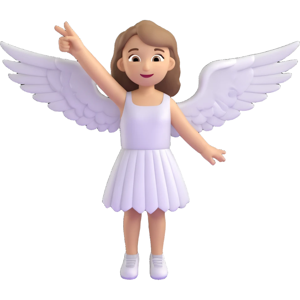 girl with light brown shoulder-length hair and white wings joyfully pointing to the sky emoji