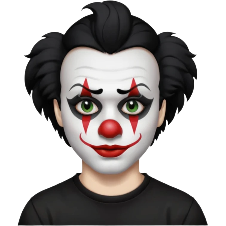man with black hair only black and white clown makeup black eye makeup black lipstick black t-shirt emoji
