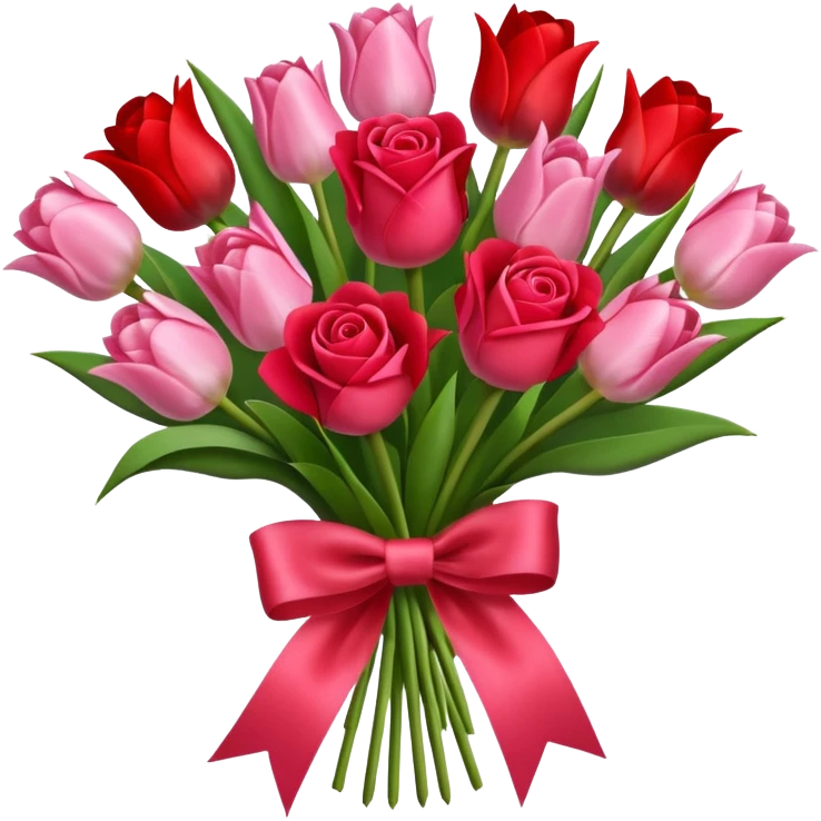 Create an bouquet with red and pink roses and tulips inside a white flower bouquet with red ribbon around it emoji