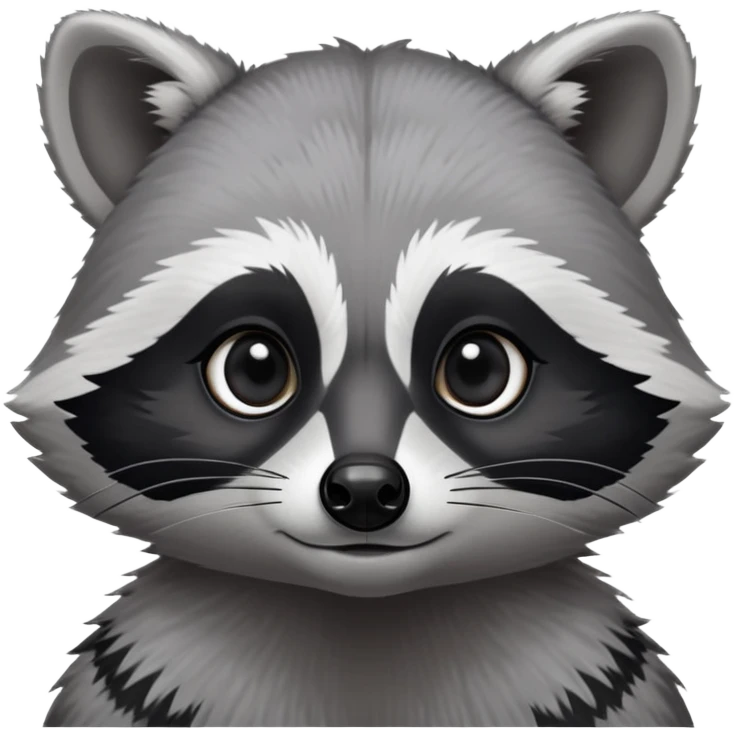 Cinematic-Noble-Raccoon-Portrait-Emoji – Poised and confident, with a sturdy build and a beautifully textured fur of silver-grey accented by dark black facial markings, deep-set, large big black eyes revealing no white, simplified yet sharp and sophisticated zoom out to show shoulders emoji