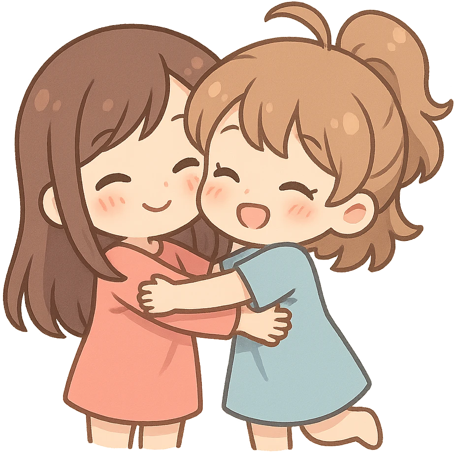 two girls hugging, cute cartoon style emoji