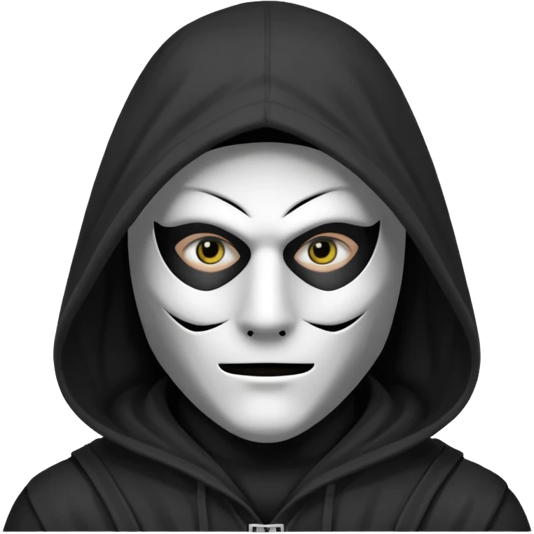 grayscale black mysterious masked hooded man with puzzle logo on hood emoji