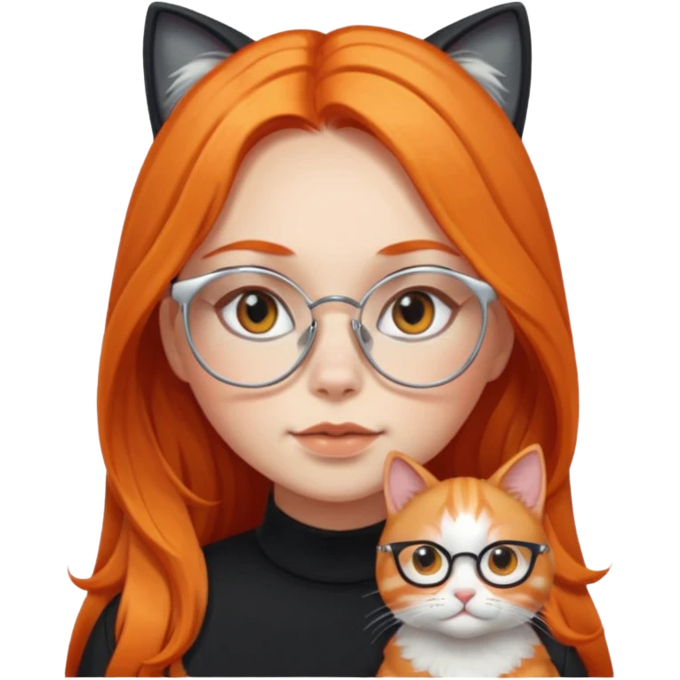 girl with chubby cheeks, very long orange hair, and silver cat eye glasses. Black clothes emoji