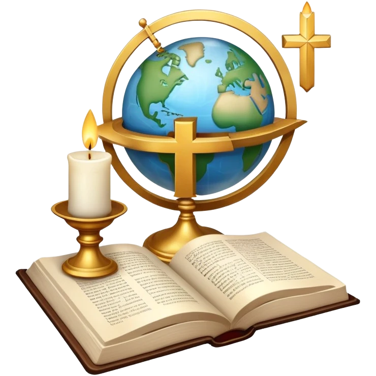 An icon featuring a holy book, a candle, and a cross, symbolizing religious studies. The design includes a globe with various religious symbols: a crescent moon and star (Islam), a lotus flower (Buddhism), representing global belief systems. Transparent background. emoji