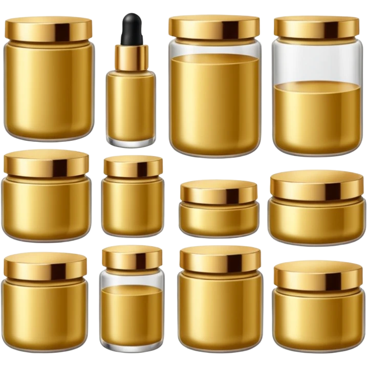 Varios produtos de beleza com tampa dos potes dourados e fundo transparente pra usar como figurinha emoji