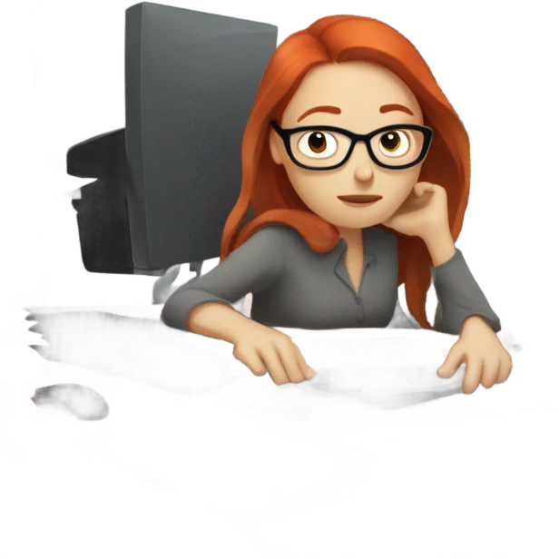 red hair woman nutritionist wearing glasses sleeping desk monitor stack paper emoji