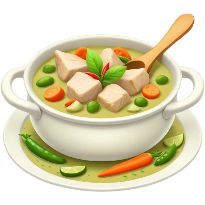 Green Chicken Curry Cinematic Realistic Green Chicken Curry Dish Emoji, depicted as tender chicken chunks simmered in a fragrant green curry sauce with vegetables, rendered with vivid textures and dynamic, vibrant lighting. emoji
