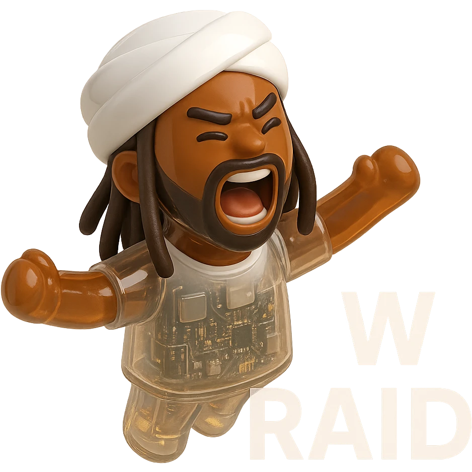 Brownskin man with long brown dreadlocks 
White  t-shirt 
WHITE turban 
expression is yelling 
Add the word W RAID emoji