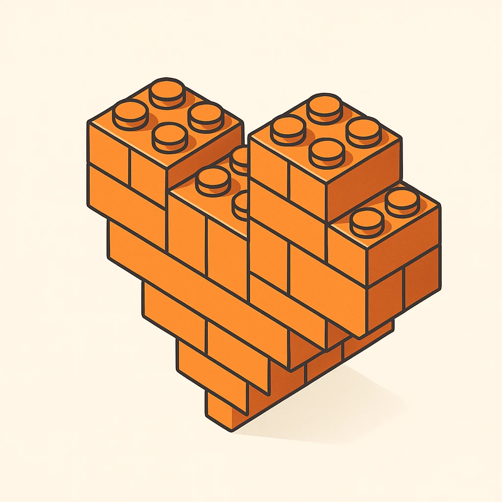 an orange heart made of LEGO bricks, isometric view, clean lines emoji