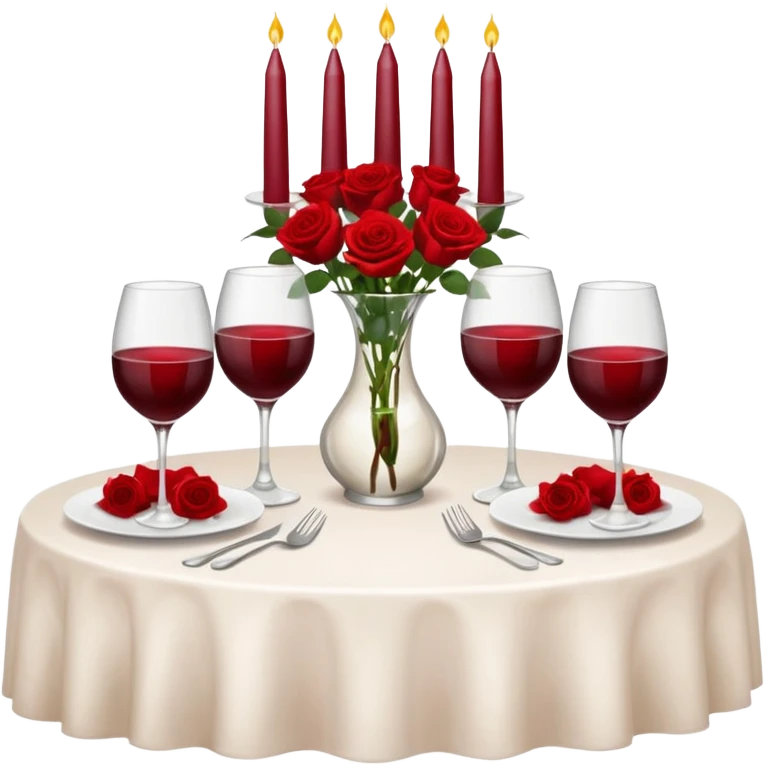  romantic table set for two with roses in a vase of water and 2 glasses of red wine emoji