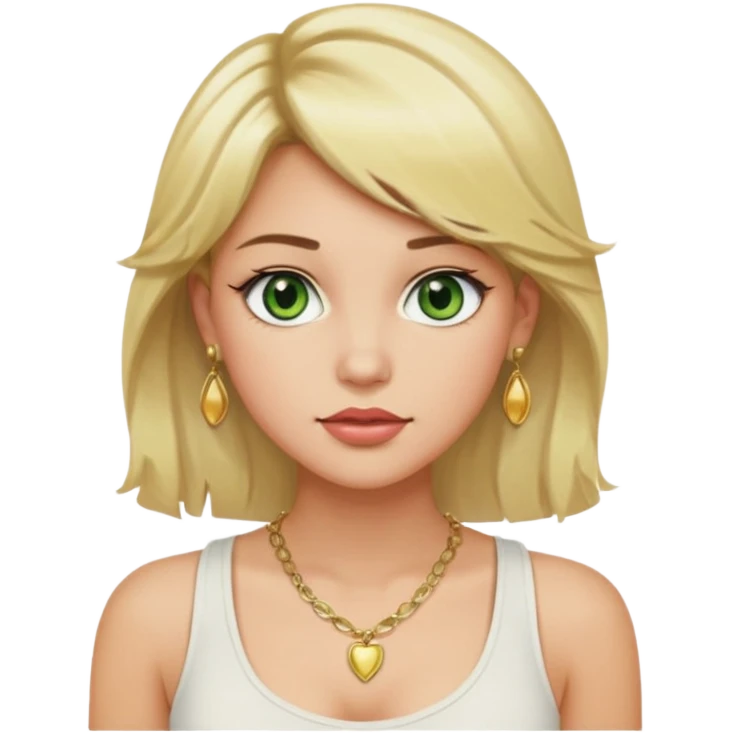 Girl with green eyes, blonde slightly wavy hair, sideswept bangs, darker roots, white but a bit tan, wearing white tank top, golden necklace and gold earrings, rosy cheeks and blushed lips emoji