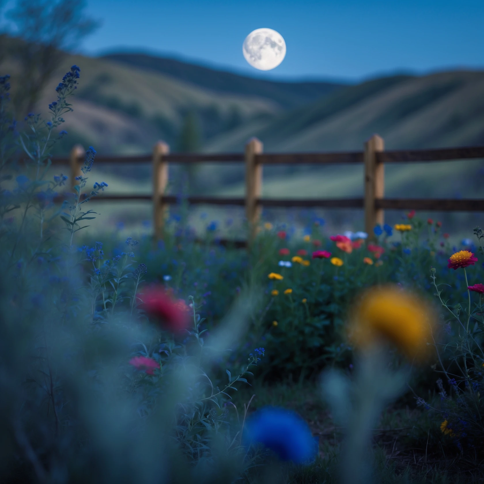 A portrait of a white person in the foreground, blurred plants in the foreground, a wooden fence and colorfull flowers in the midground, rolling hills in the background, cinematic depth of field, layered composition, moon back light (Blue night) emoji