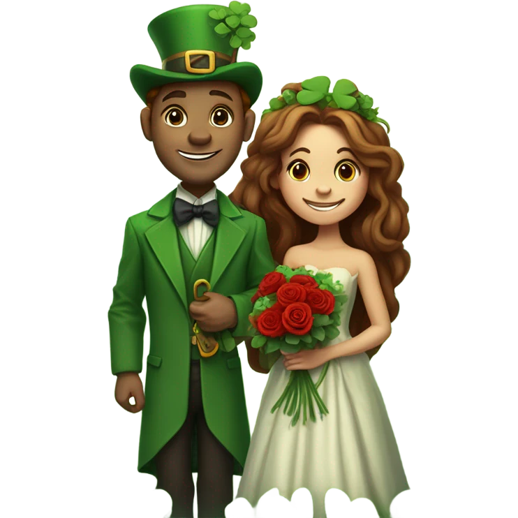 A tiny leprechaun giving red roses and clovers to a much taller brown haired queen emoji