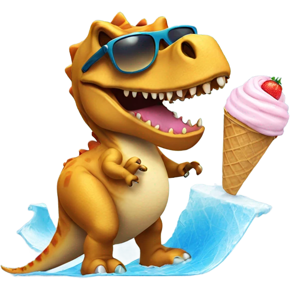 Dinosaur surfing eating ice cream with sunglasses emoji