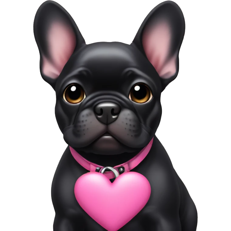 Solid black Frenchie pup with pink collar with a heart emoji