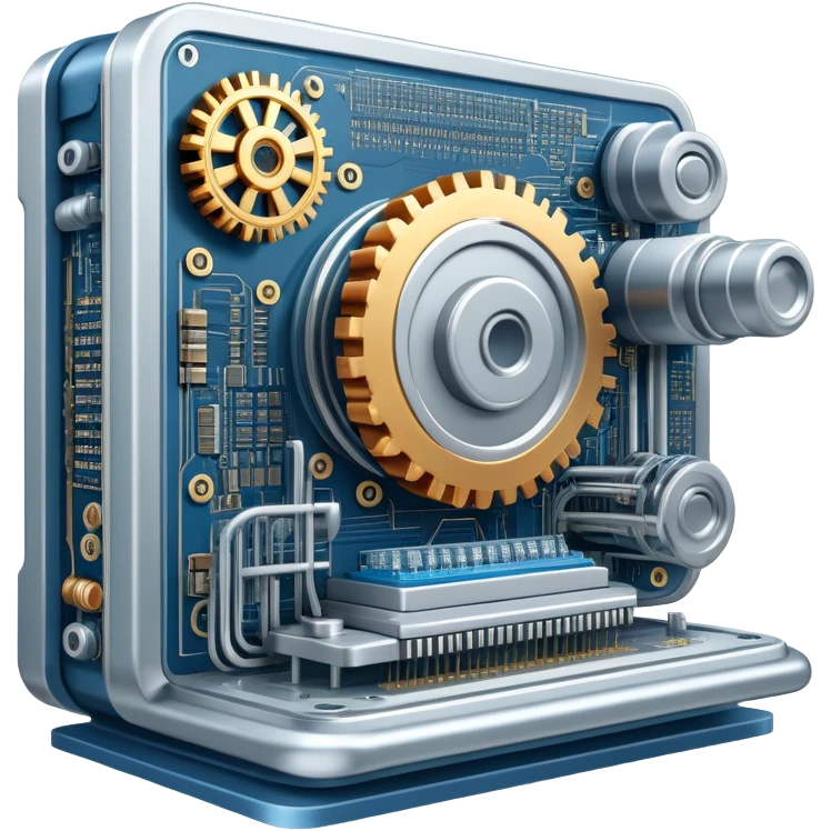 An icon featuring a giant machine soldering a huge microchip, symbolizing engineering. The design includes mechanical gears, circuit boards, and a blueprint, representing the precision and innovation in designing and building technology. Transparent background highlights the art of engineering emoji