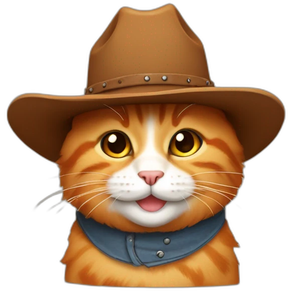 pure orange small chubby hairy bobtail cat while wearing a brown cowboy hat and smiling emoji