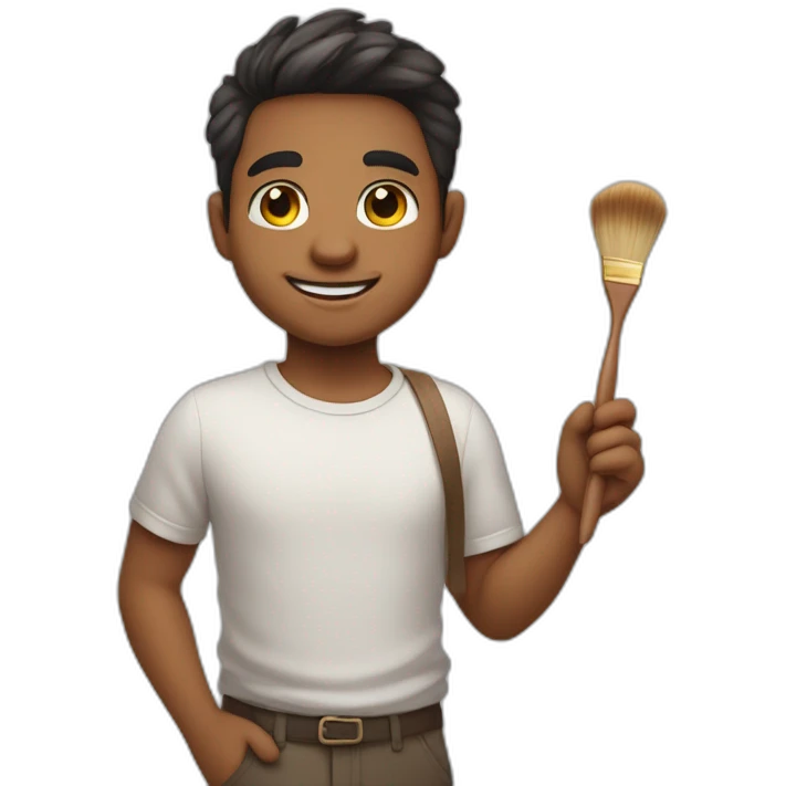 A cute brother with a round face and slightly droopy eyes, smiling with a colored brush in his hand. emoji