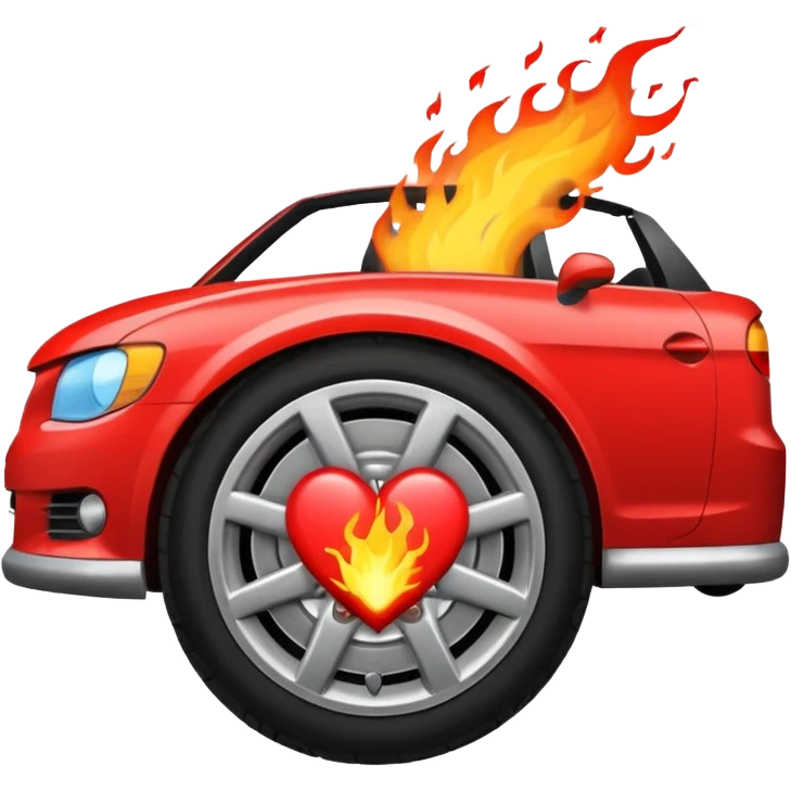 a car wheel on fire, sparks flying from underneath, and a red heart in the center of the wheel emoji
