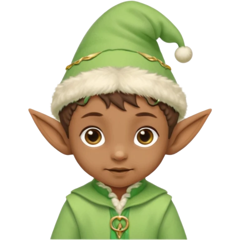 Tiny elf baby brown skin with pointy ears and hat, pastel green outfit,  emoji