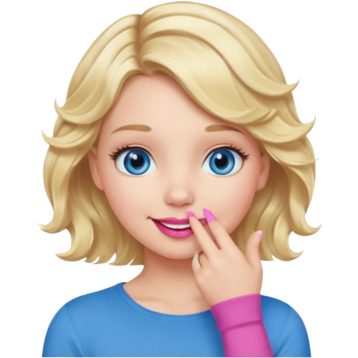 Girl Blonde short wavy hair,  blue eyes, cute blue top, long lashes, pink lips, smiling, hand over the mouth emoji