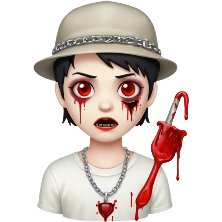 stylized zombie with black short hair, bloody eyes, white t-shirt, blood on mouth, chain, and LA hat, emoji style emoji