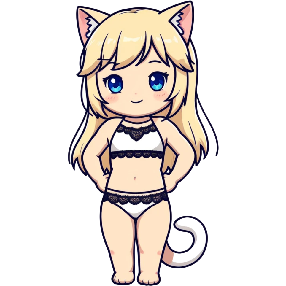 flirty petite blonde blue eyes catgirl soft body long hair freckles shy lace white bikini tight waist wide hips realistic portrait emoji