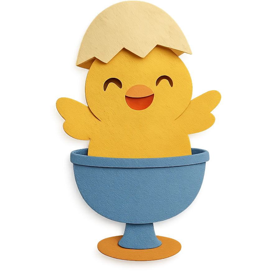 soft yellow egg cooker chick, popping out of the lid, smiling brightly, full-body emoji