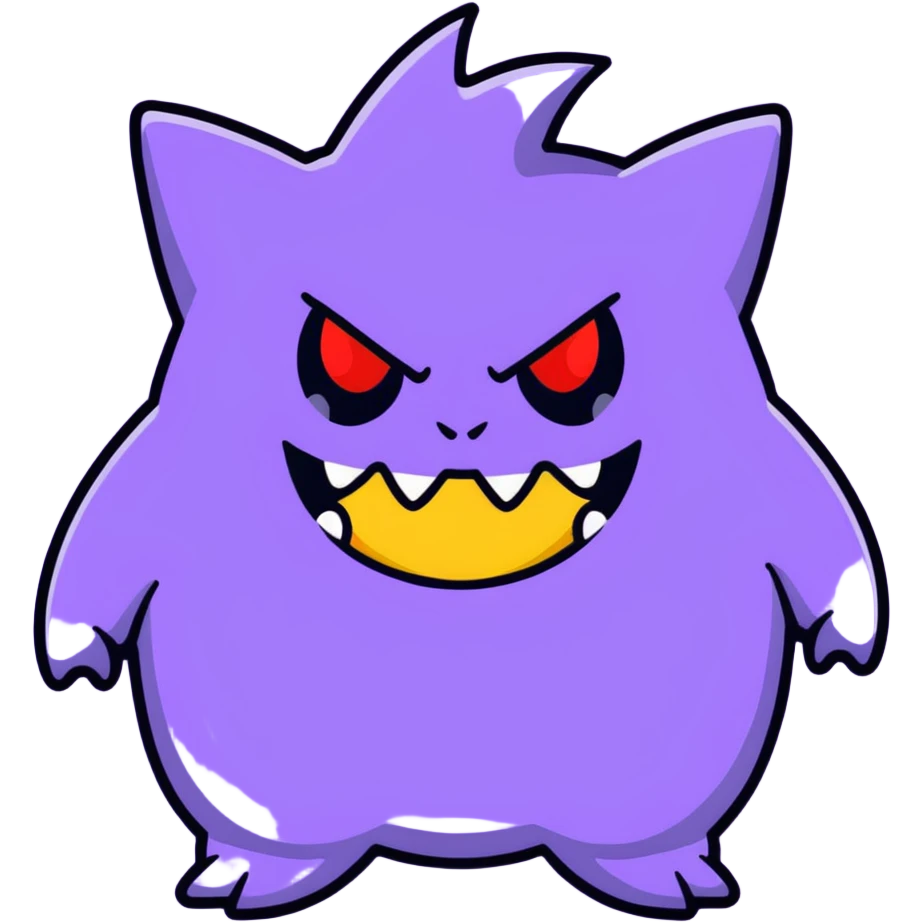 Gengar, the purple ghost Pokemon with red eyes and a mischievous grin emoji